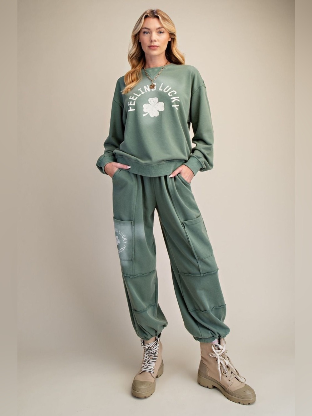 Easel Feeling Lucky Green Cozy Jogger Pants - Women